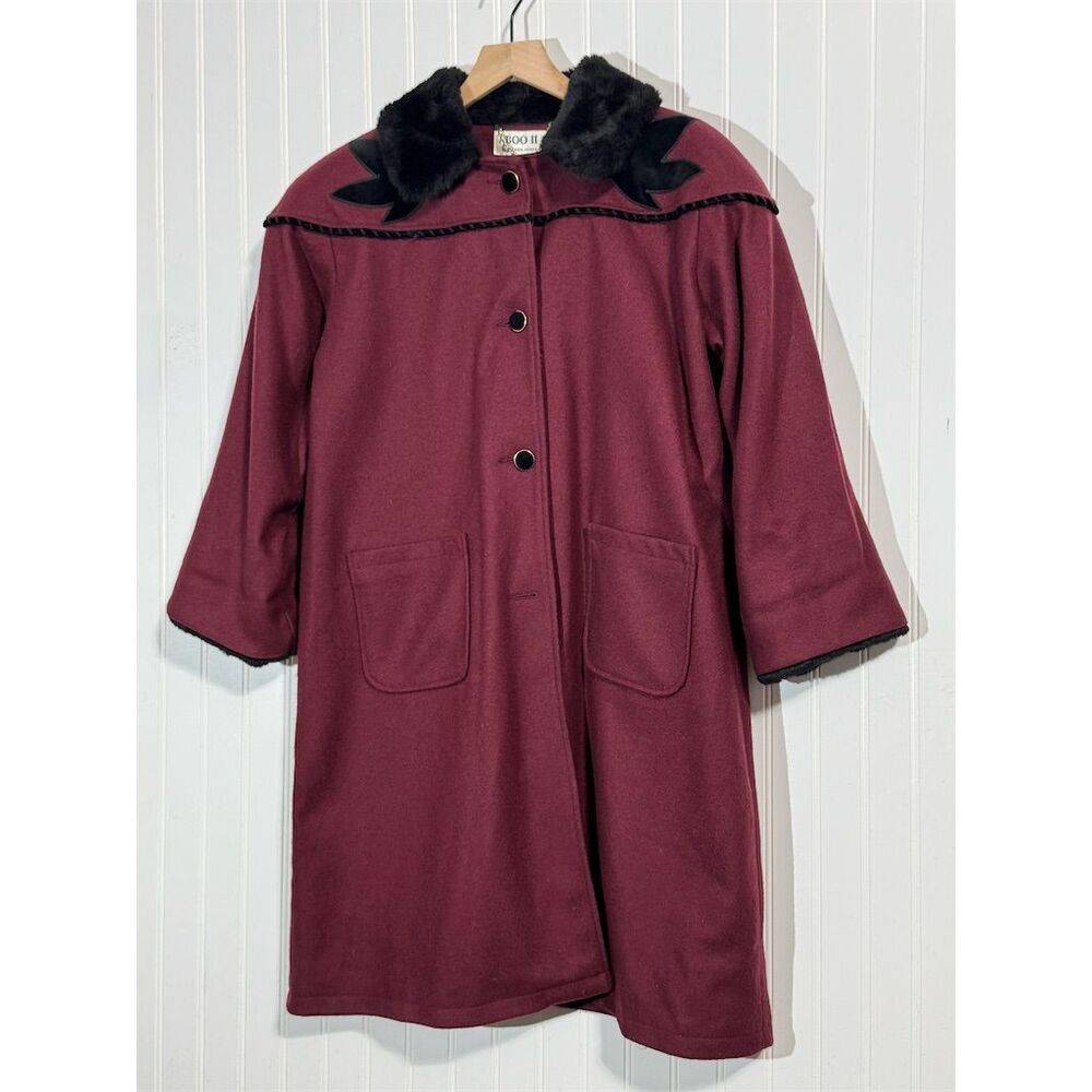 Boo II by Belinda Hughes Coat‎ 14 Wool Blend Faux Fur Collar Trim Burgundy VTG